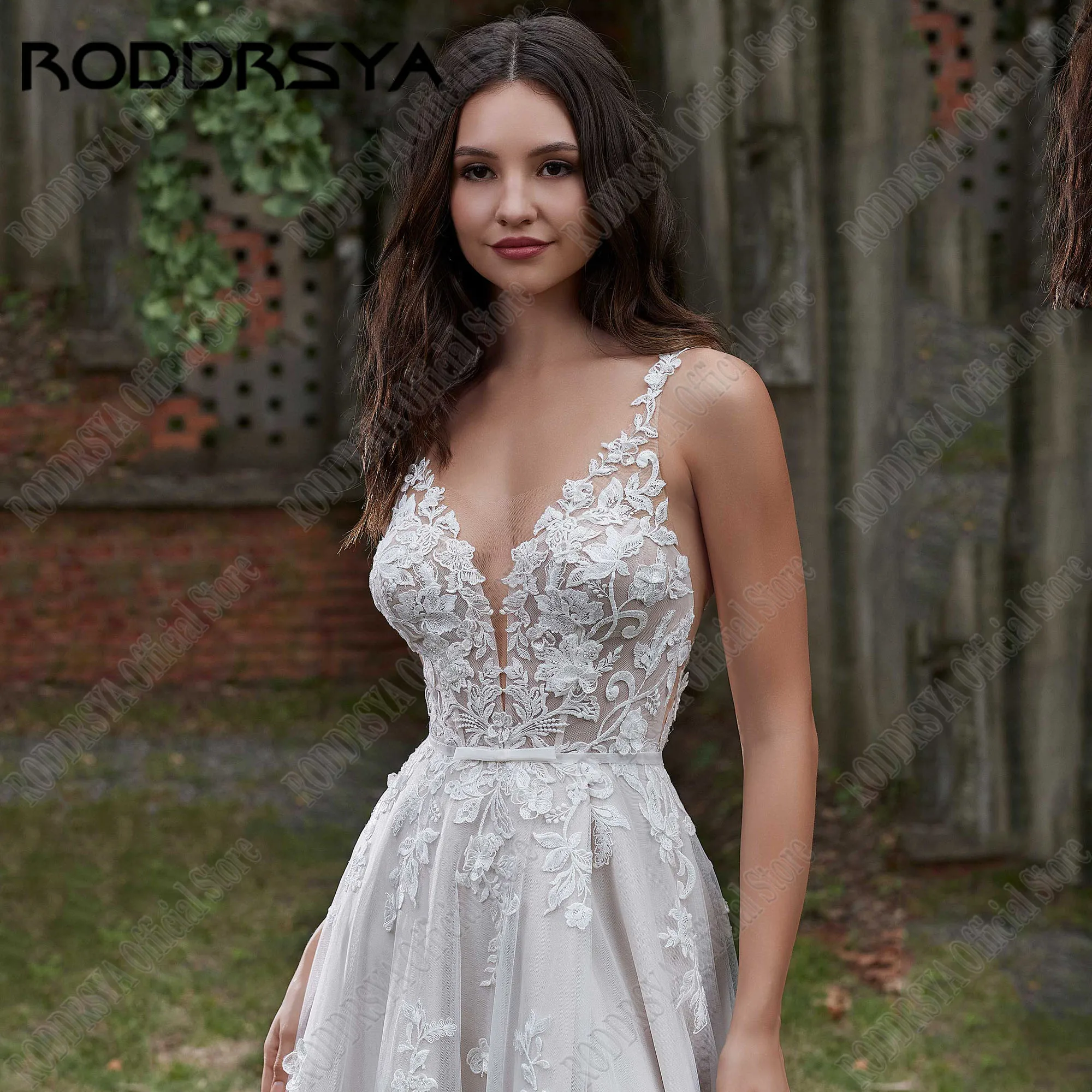 RODDRSYA-vestido De Novia De encaje bohemio, traje con tirantes finos, cuello en V, Espalda descubierta, apliques De Novia, corte en a lateralVestido de novia de encaje bohemio roddrsya correa de pasta de cuello V calc