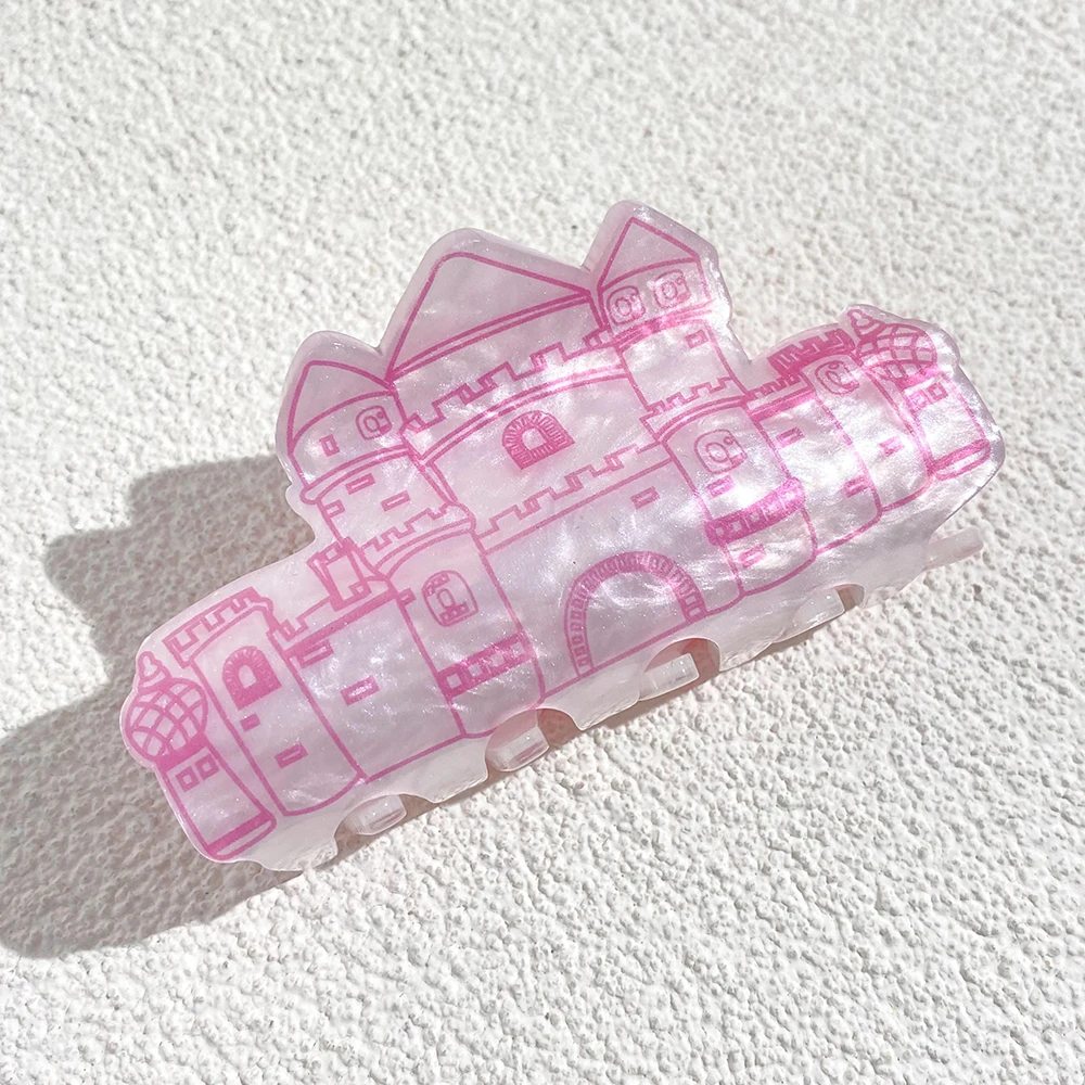 

New Pink Castle Double Sided Printed Shark Hair Clip Claw Women's Girls Sweet Acrylic No Slip Ponytail Hair Accessories Tool