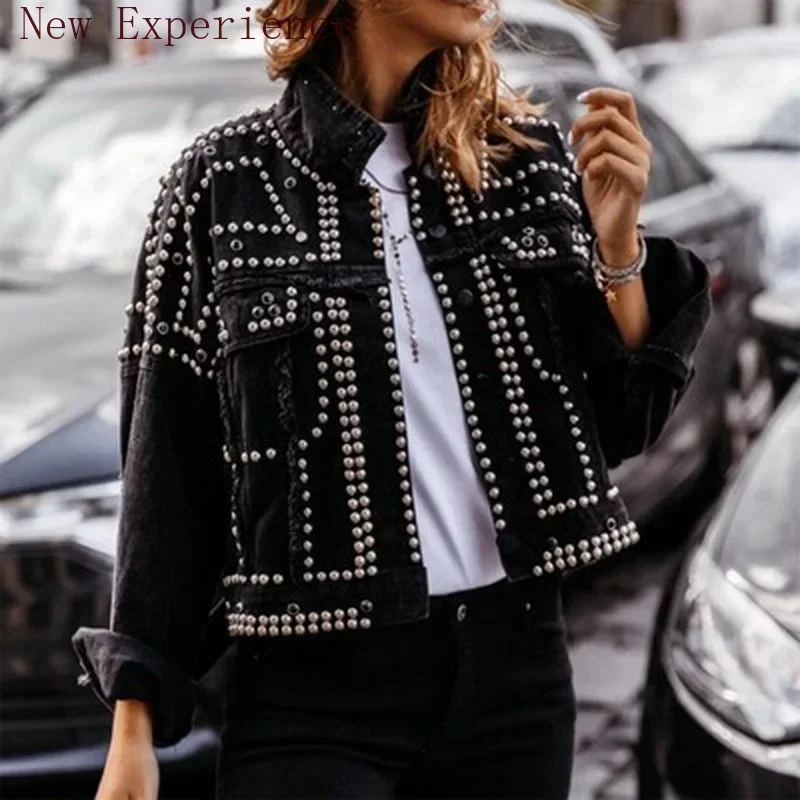 Women's Loose Short Women's High-quality Denim Jacket Handmade Rivet Denim Jacket Basic Coat Motorcycle Style Streetwear