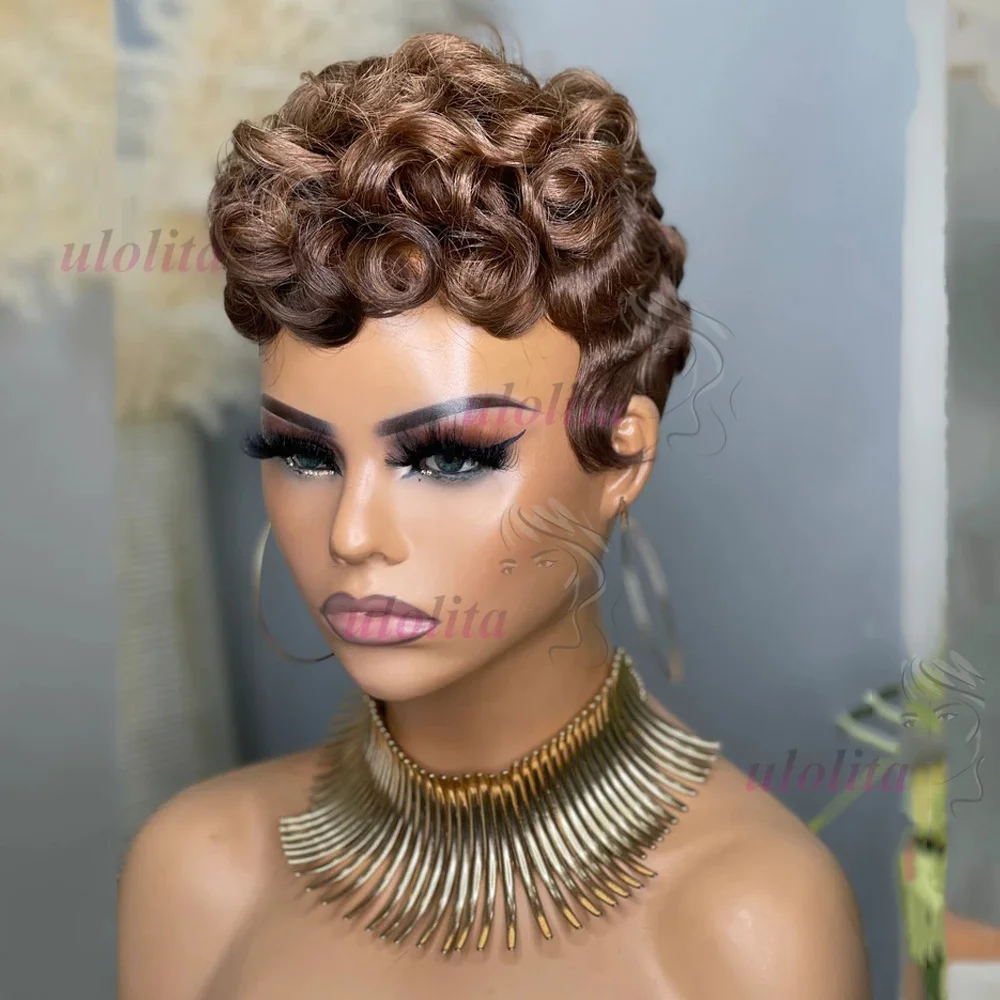 Lockige, kurze Pixie-Cut-Perücken für Frauen aus Echthaar in Schokoladenbraun # 4 farbige, vollständig maschinell gefertigte Perücken, Bob-Perücke, peruanische Haarperücken – Detail 3