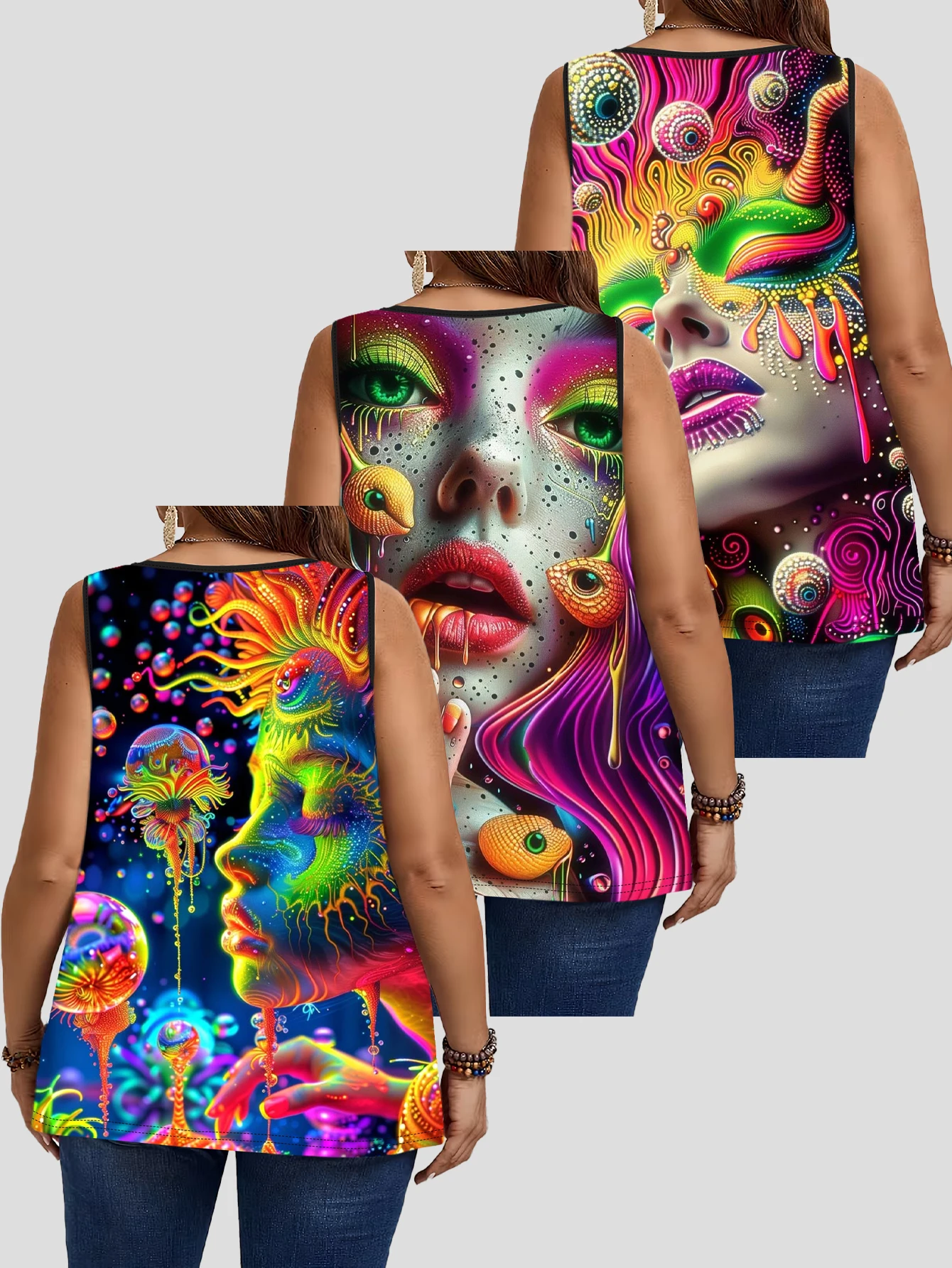 3-Piece Set of Large Size Cyber Neon Painted Portrait Tank Tops, Ruched Round Neck Sleeveless Casual Women's Clothing, Slimming and Flattering 2