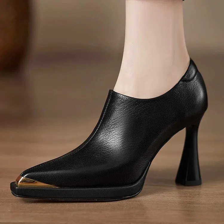 New Style Fashion Women's Single Shoes with Heels Metal Pointed Toe Thin Heels Deep Mouth Side Zipper Shoes Retro High Heels