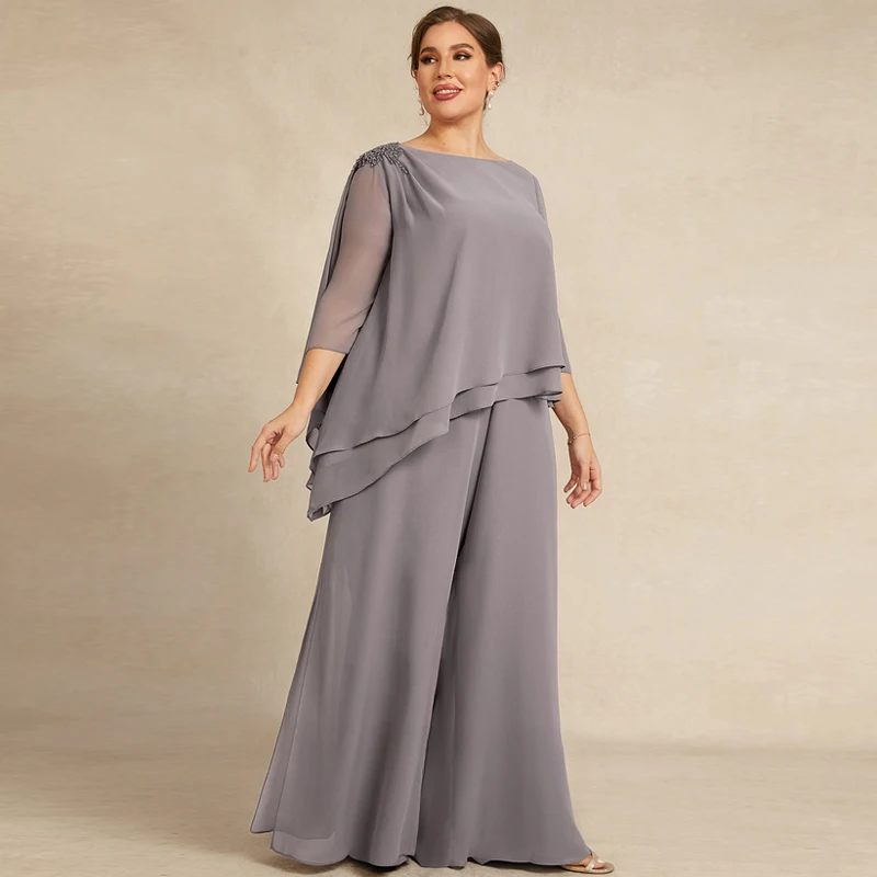 Grand ensemble deux pièces en mousseline de soie perlée pour mère de la mariée, robe perlée, pantalon doux, adapté aux invités du mariage, robes de soirée