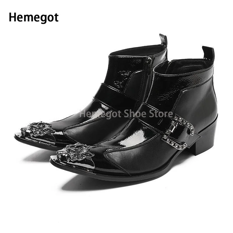 

Metallic Pointy Toe Men's Boots Side Zipper Party Wedding Men Leather Booties Brogue Shoes Males Party Shoes Black Leather Botas