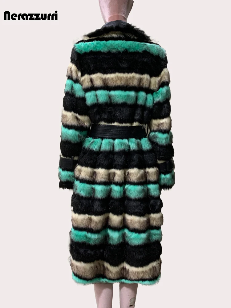 Nerazzurri Winter Long Striped Colorful Thick Warm Patchwork Faux Fox Fur Coat Women Luxury Elegant Fluffy Furry Overcoat 2025