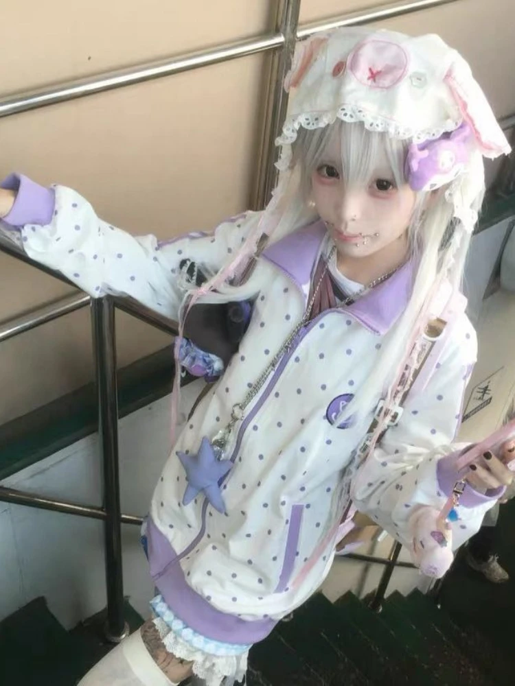 HOUZHOU Y2k Weiß Cutecore Juminocore Polka Dot Frauen Zipper Hoodies Süße Langarm Japanischen Stil Mantel Kawaii Lose Beiläufige