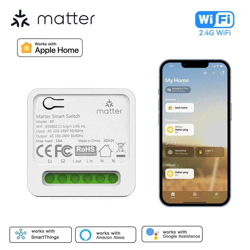 

Matter Smart Switch WiFi Smart Breaker Light Switch Relay Module 16A Voice Control Works with Homekit Alexa Google Smartthings