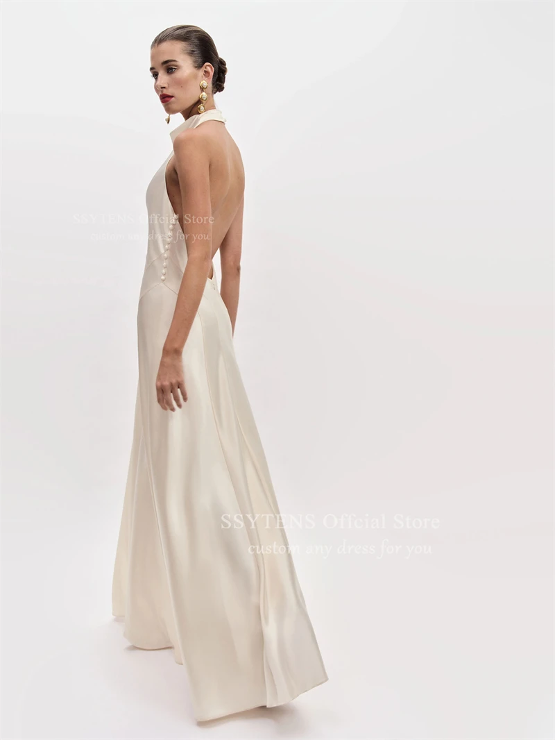 SSYTENS Abiti da sposa sexy in raso di seta senza schienale Collo alto Abiti da sposa semplici da spiaggia personalizzati da donna Abiti da festa formali bianchi