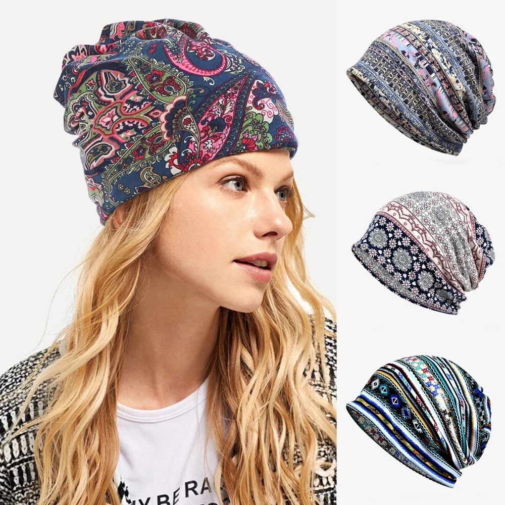 Women's Scarf Dual Purpose Hood Beanie Hat Fashion Vintage Print Ethnic Style Cotton Casual Bohemian Hood Pile Skullies Cap