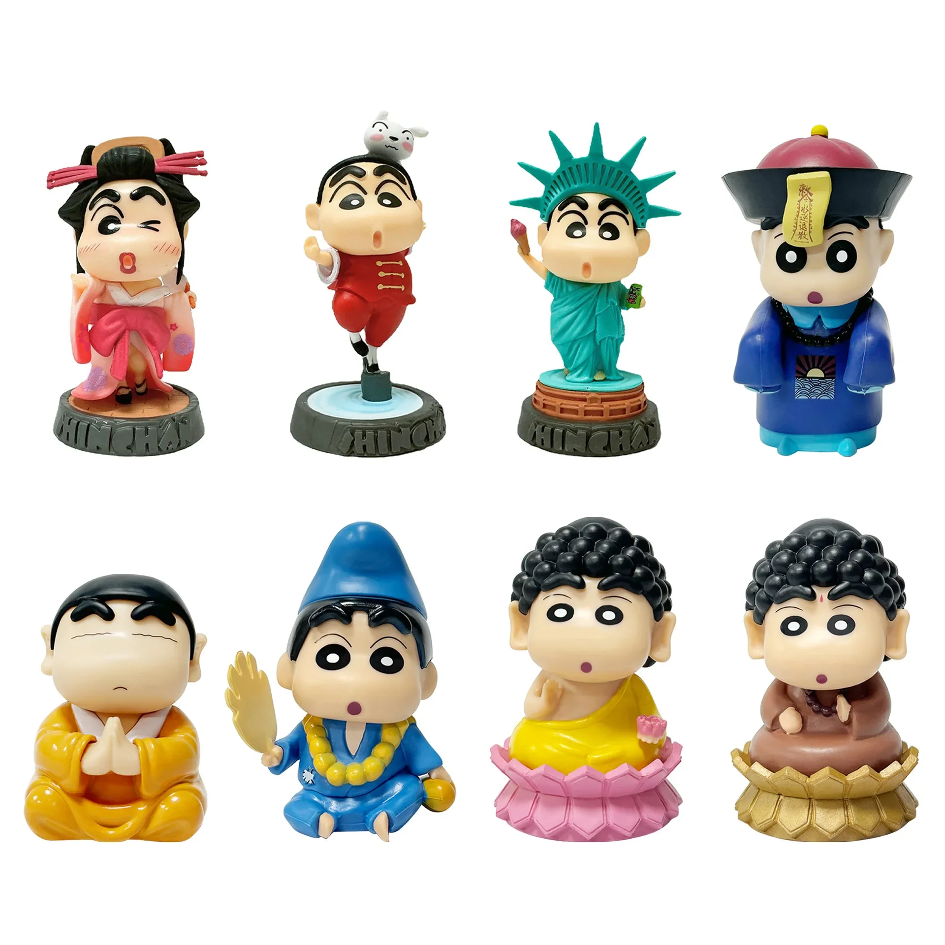 Q Version Crayon Shin-Chan Anime Figurine Model Toy Liberty American Kung Fu Geisha Trendy Toyproposal Artifact Handmade Model