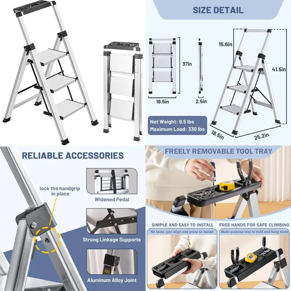 

Folding Step Ladder with Retractable Handgrip, Anti-Slip Wide Pedals, Aluminum 3-Step, 330lbs Capacity, Lightweight and Portable