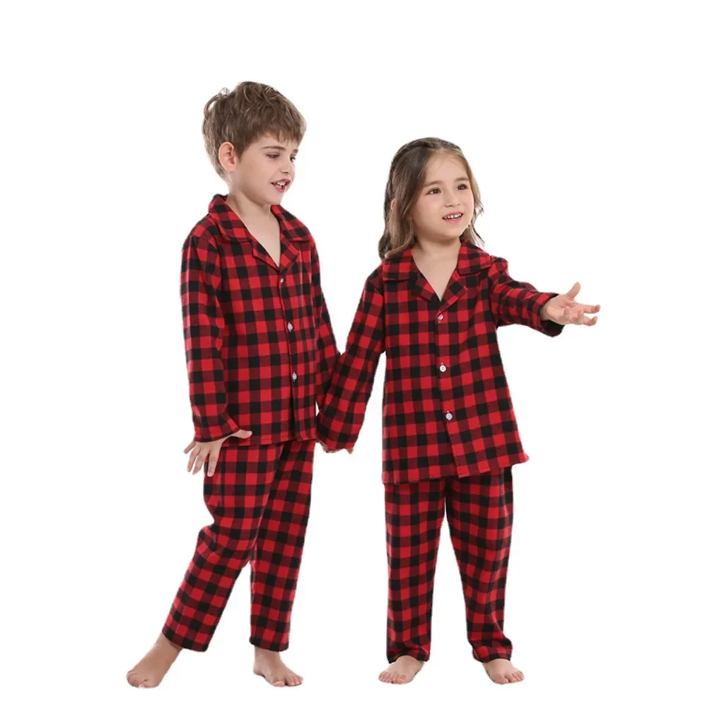 2-Piece Cotton Pajama Set Kids Boys Girls Plaid Pattern Loungewear Kids Cotton Pajamas Set Autumn Winter Clothing