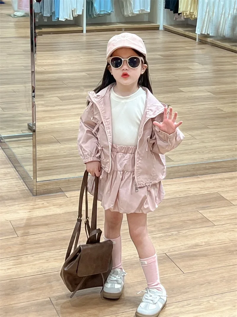 Girls Suits 2024 Autumn New Childrens Clothes Sweet and Cute Pink Bow Hooded Zipper Cardigan Flower Skirt Two-piece Set Casual