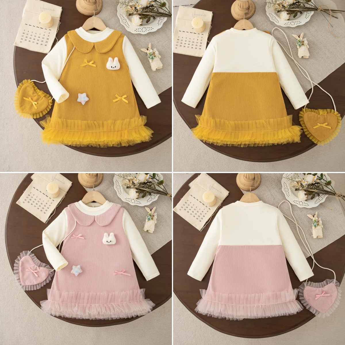 Autumn Toddler Girl Long Sleeve Dress with Bow Cute Cartoon Decor Knit Dress with Matching Heart Bag Girls Casual Daily Wear