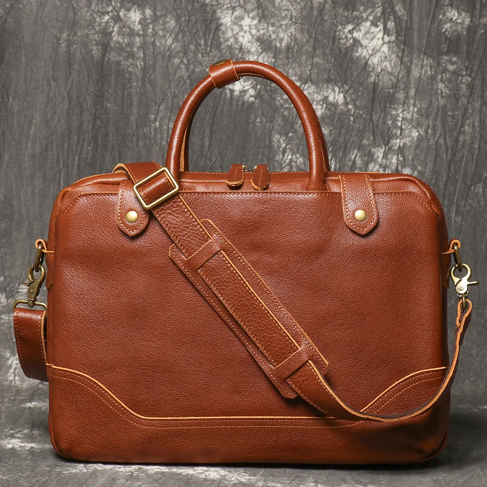 

High-grade men's real leather laptop briefcase wide shoulder strap reduced load business diagonal shoulder bag