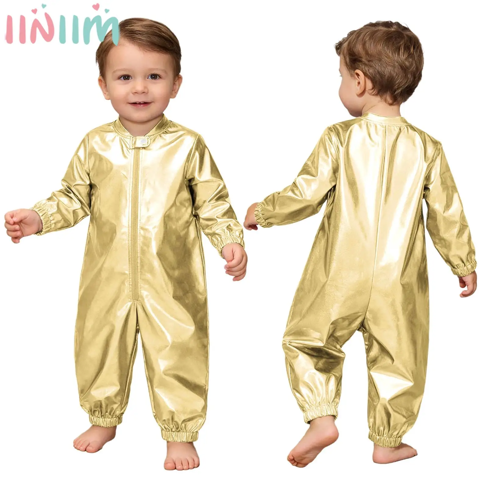 

Toddler Baby Boys Girls Fashion Metallic Shiny Romper Long Sleeve Zipper Jumpsuit for Disco Theme Party Birthday Photography