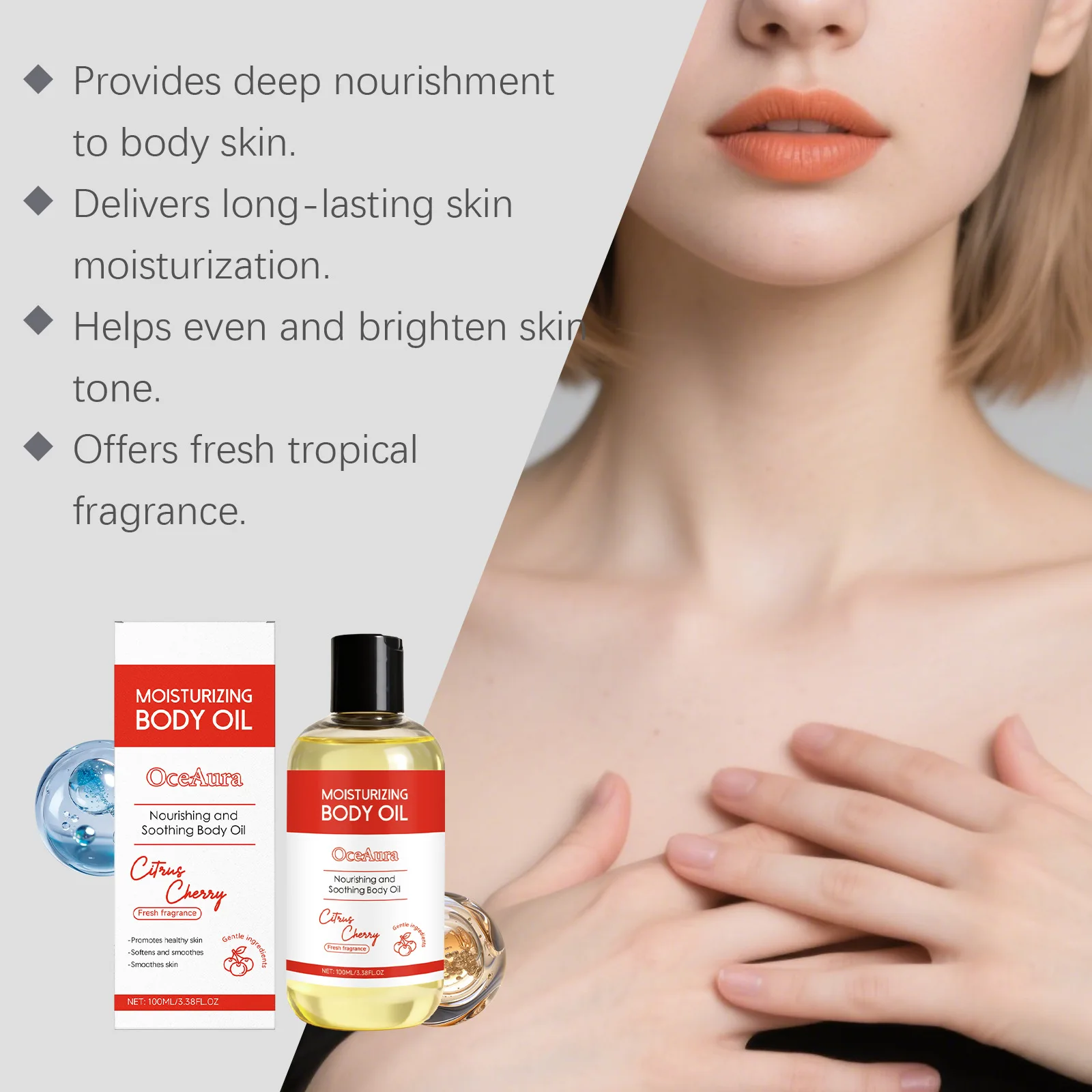 OCEAURA Citrus Cherry Body Oil Firm Skin Deep Hydration Improve Roughness Lasting Fragrance Flavor Massage Body Moisturizing Oil