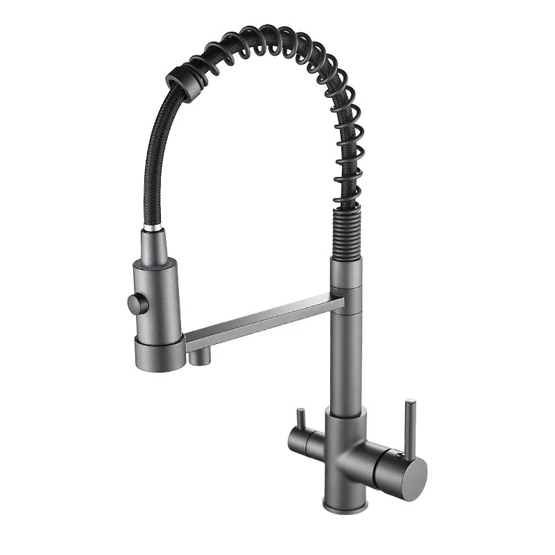 

Grey Kitchen Purified Water Faucets Brass Sink Mixer Tap Hot & Cold Rotatable Pull Down Type Spary Nozzle Dual Handle Deck Mount