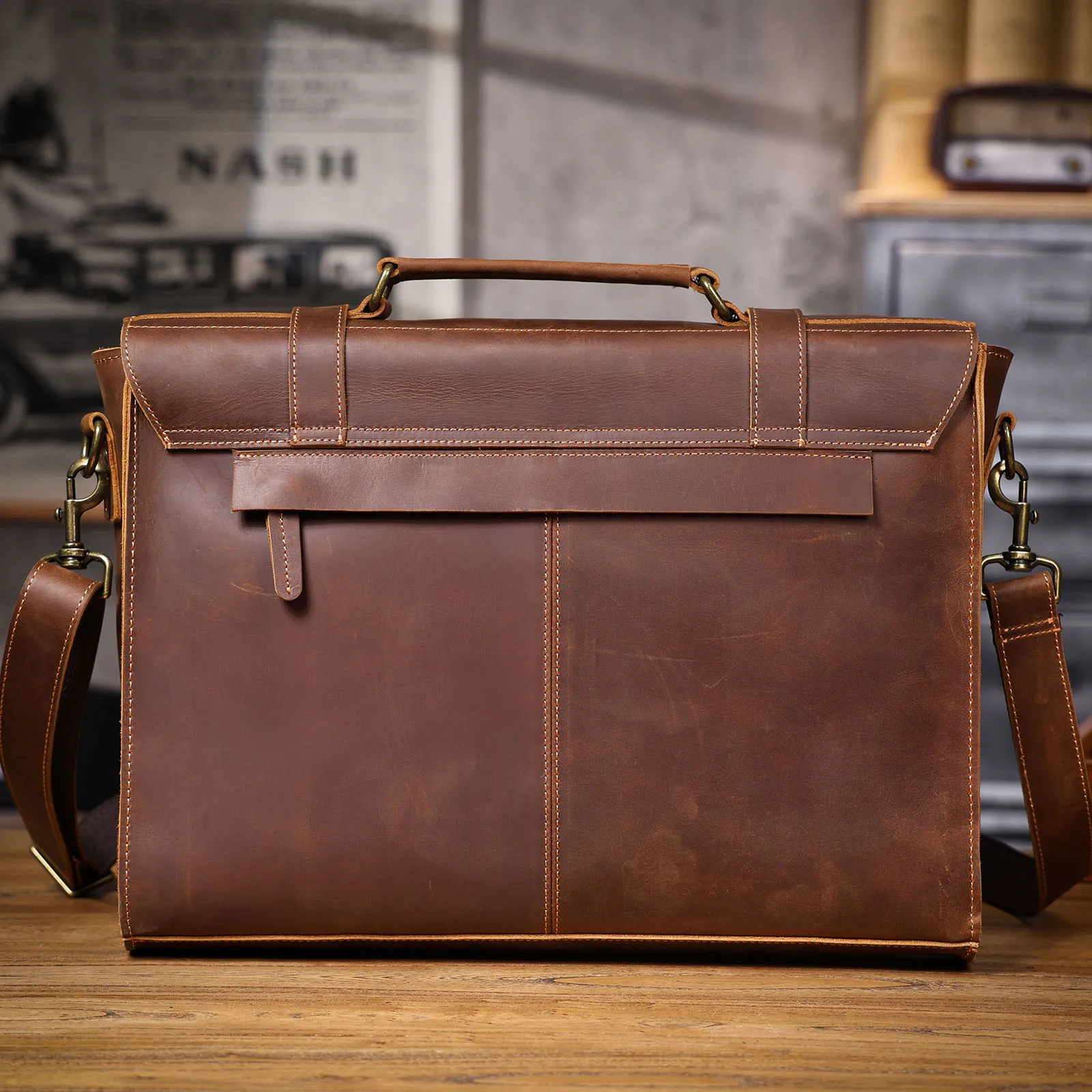 S.WORKER Vollnarbenleder 15" Laptop-Aktentasche Echtleder Herren Büro-Handtasche Messenger-Tasche Business-Bürotasche – Detail 29
