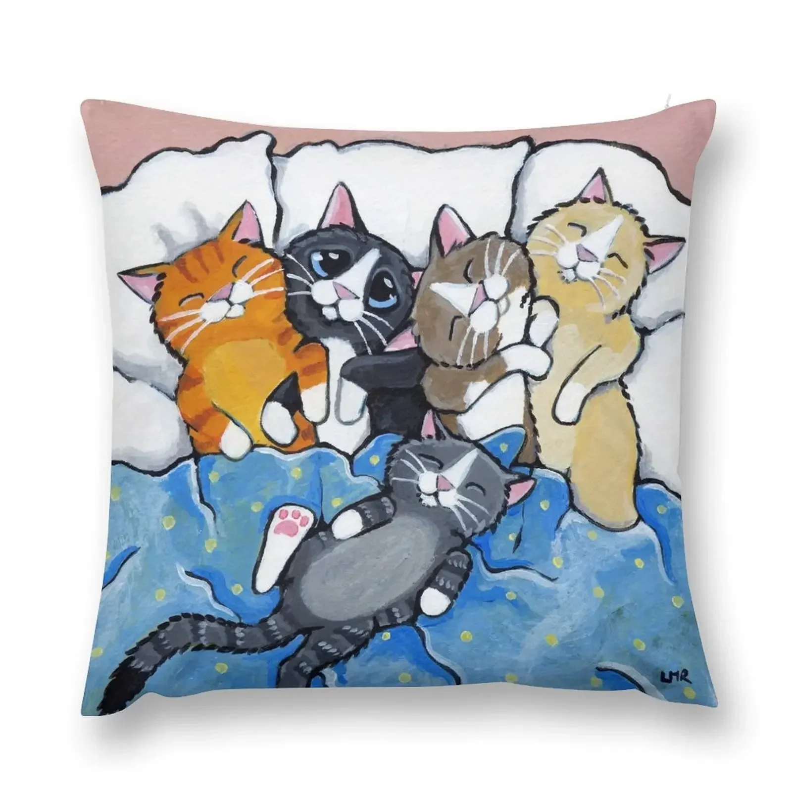 

The Sleepover Club - Sleeping Kittens in Bed Throw Pillow Room decorating items Custom Cushion Photo pillow