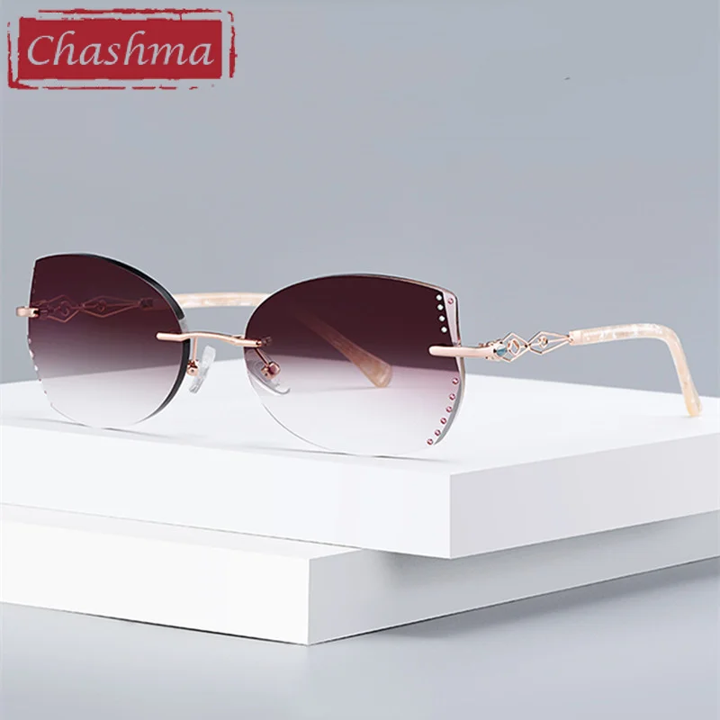 

Women Rimless Eyeglasses Cat Eye Sunglasses Tint Crystal Titanium Glasses Frame Prescription Spectacles Customize Lenses