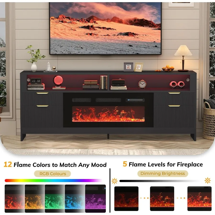 Suporte de TV com 70 lareiras com 36 lareiras elétricas em preto Armário de console de TV moderno com luzes LED para sala de estar Entrada de mídia