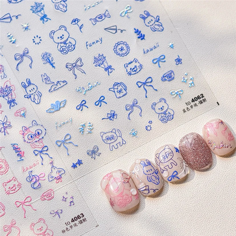 

Lovely Graffiti Lines Bear Rabbit Bowknot Laser Star Kawaii Flower Funny Paper Airplane Candy Nail Art Stickers Manicure Decals