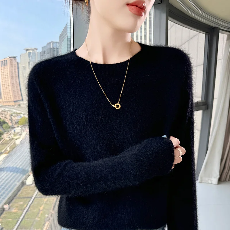

Solid Black Mink Wool Sweater Women's Versatile Must-Have Knit Top