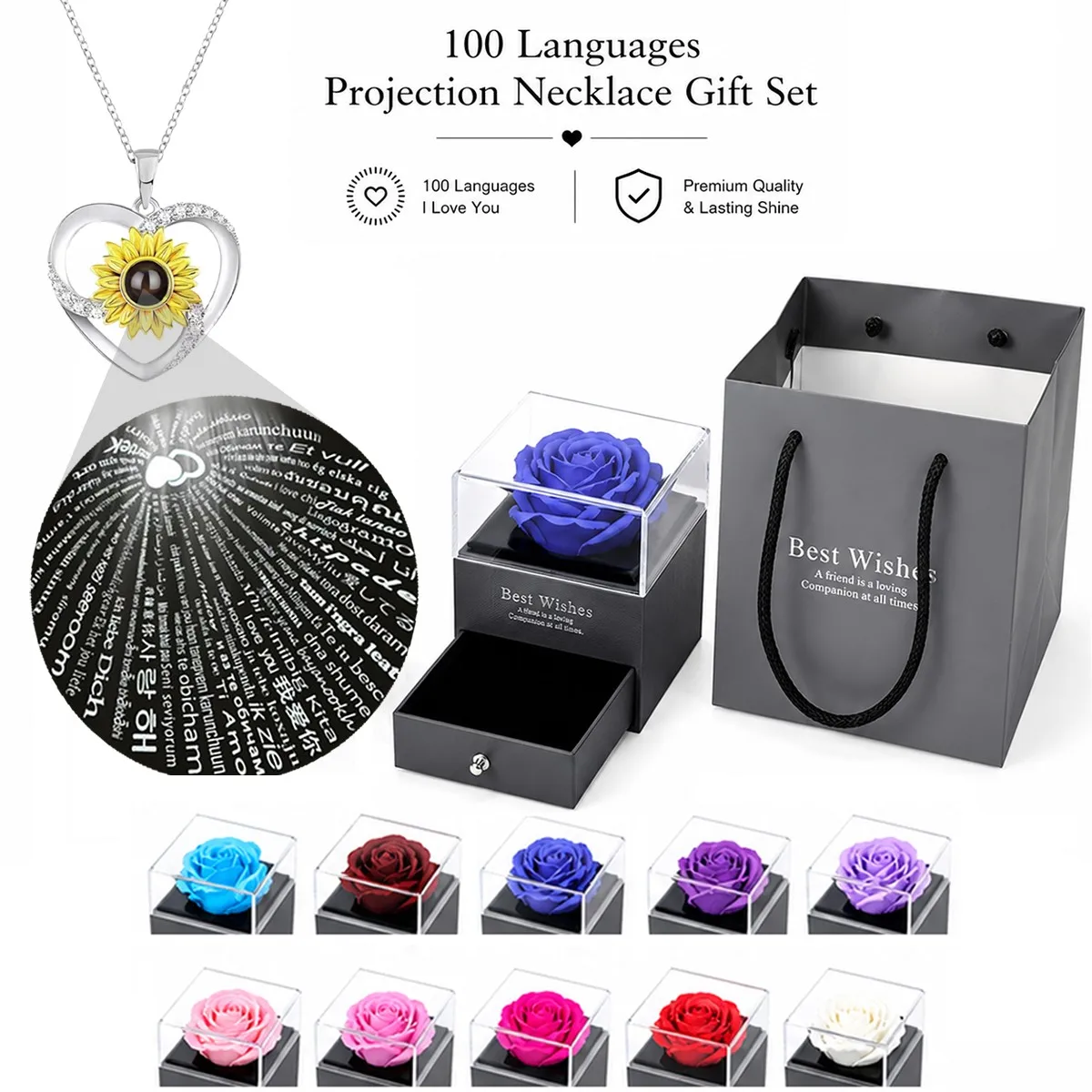 100 Languages Projection Pendant Sunflower Necklace For Women With Rose Gift Box Christmas Valentine Birthday Wedding Jewelry