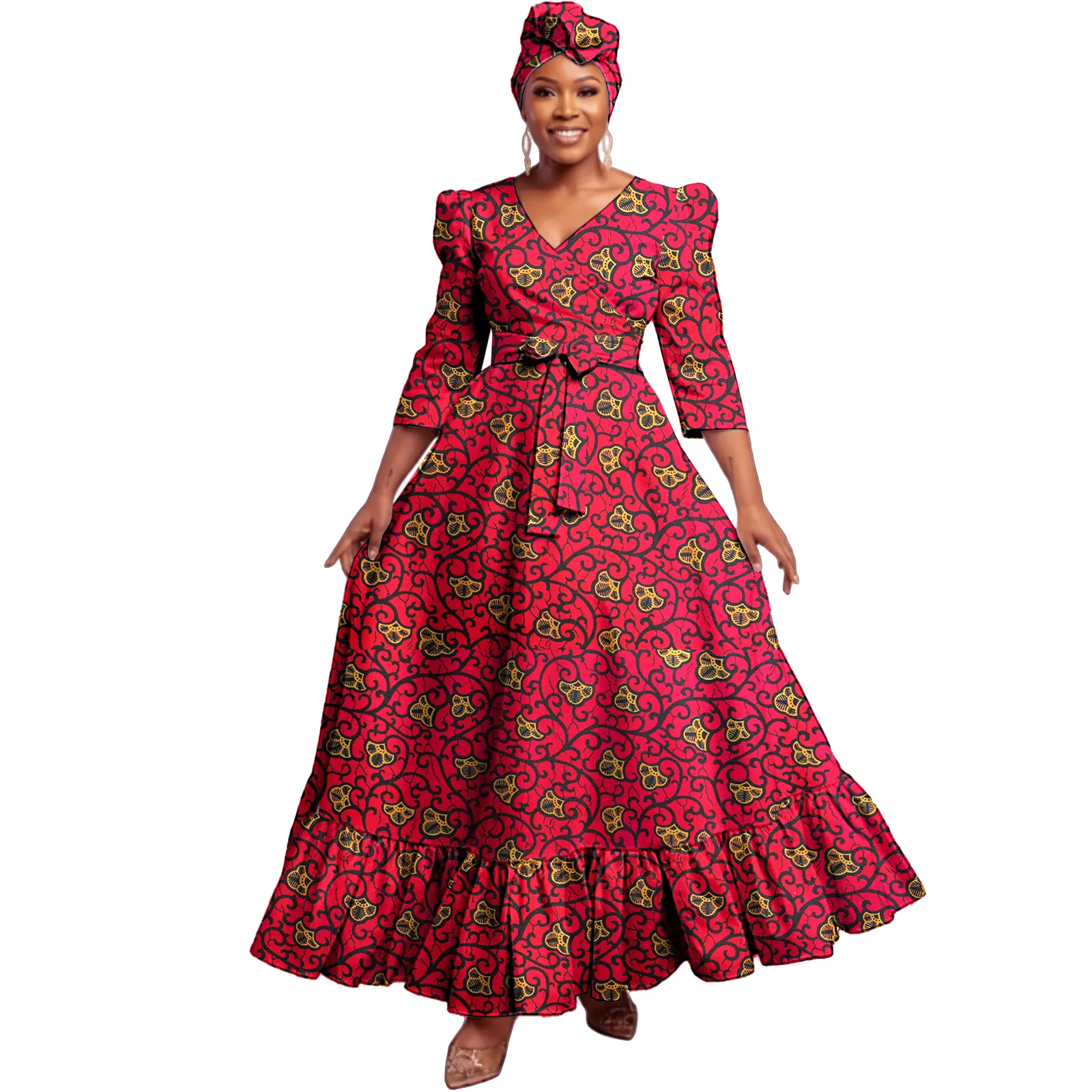 

African Turkey Dresses for Women Dashiki Attire Kente Cloth Wax Print Ankara Dress Gifts Party with Head Scarf