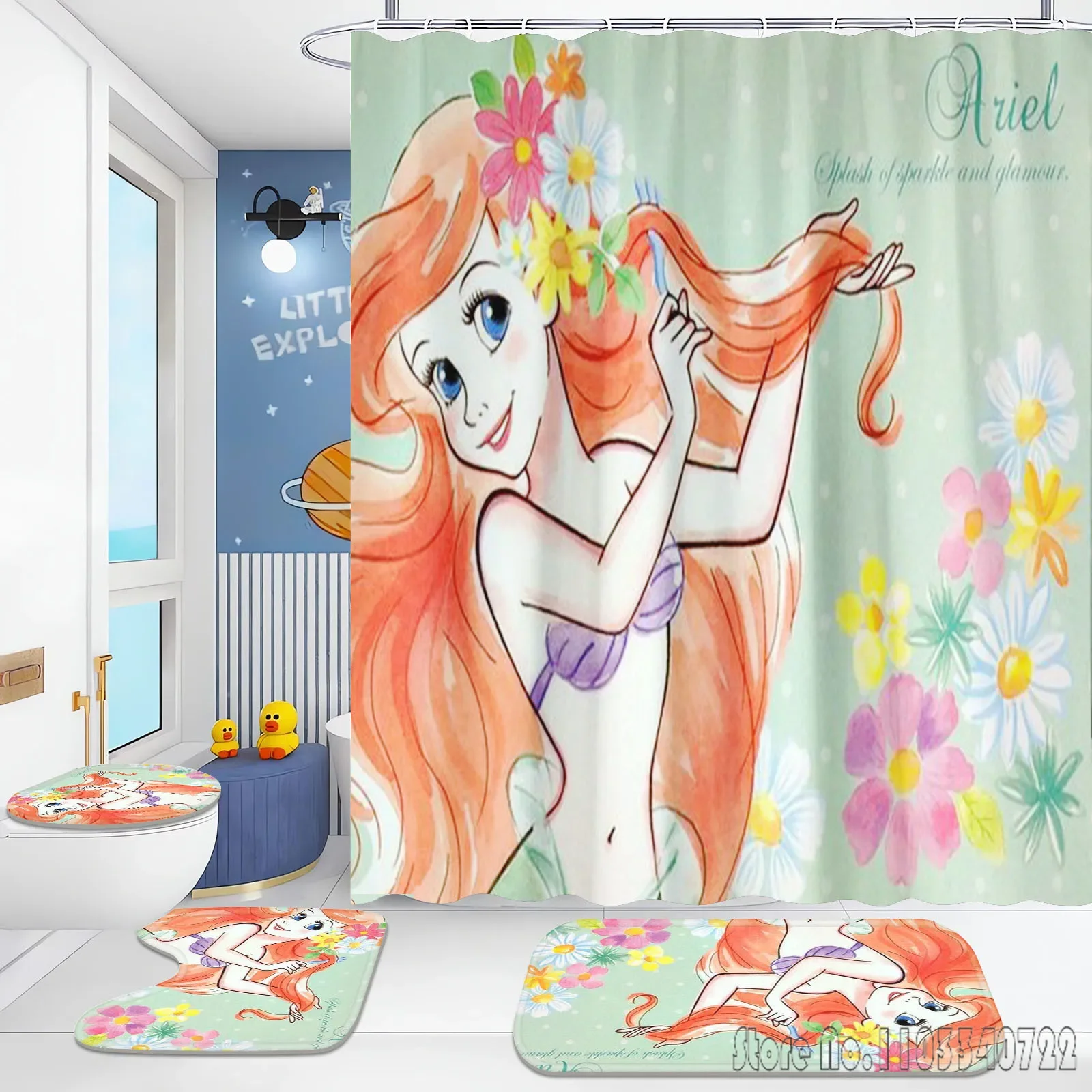 Mermaid Princess Ariel Bathroom Accessories Shower Curtain 4 Piece Set Mats  Anime Waterproof For Curtains Home Cartoon Luxury