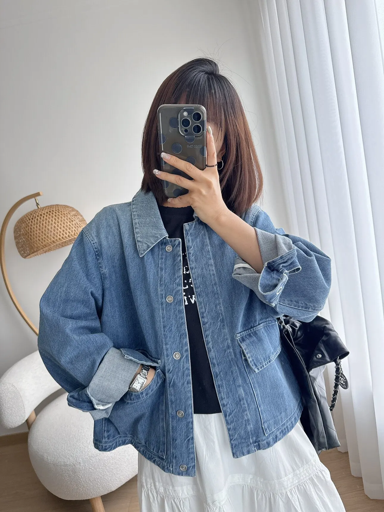 

Washed Denim Jacket Simple Loose Women's Spring Outerwear with Pockets Vintage Style Long Sleeve Cotton Commute Fashion