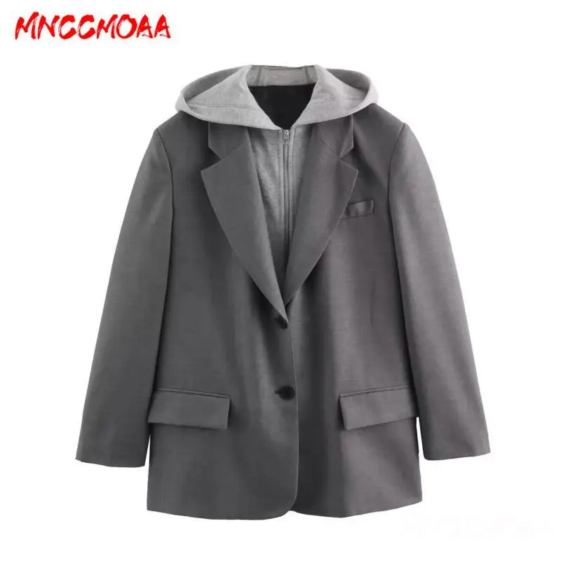 MNCCMOAA-Hooded Splice Blazer for Women, Long Sleeve Coat, Button Pockets, Loose Outerwear, Casual Fashion, 2024