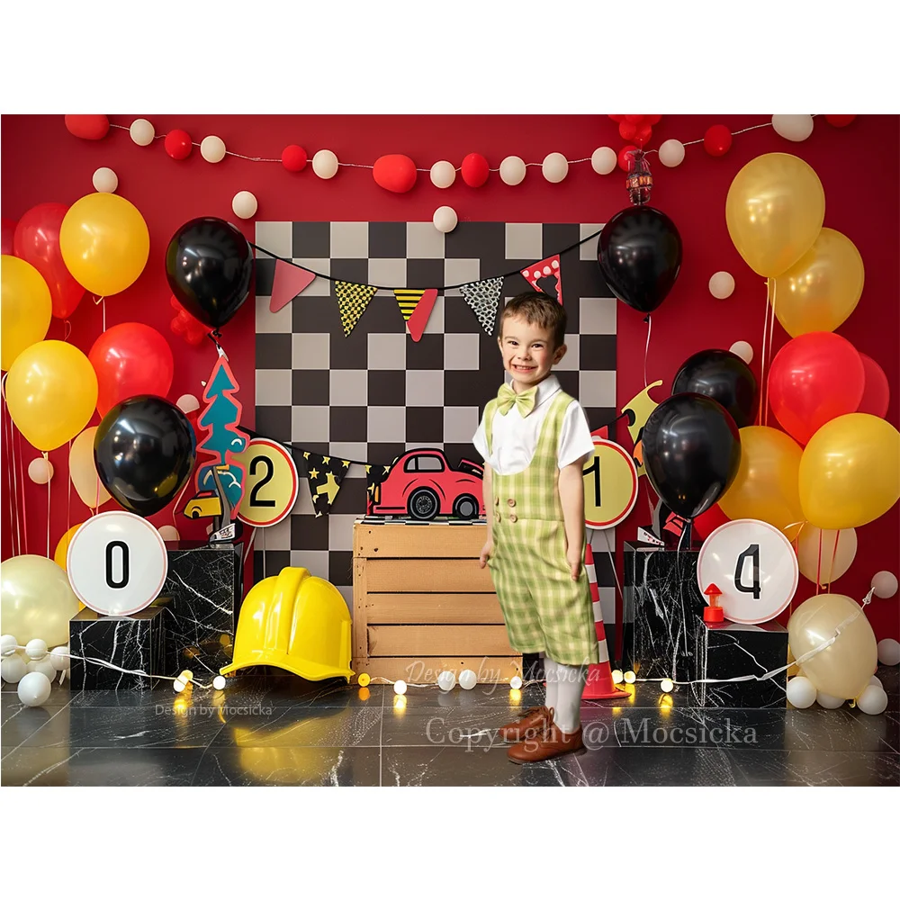 Photography Background Studio Racing Boy Birthday Party Backdrop Balloon Decor Black White Plaid Race Track Kid Cake Smash Photo