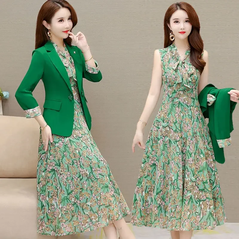 

Spring Autumn New Suit Jacket Dress Two-piece Women's Elegant Blazers Floral Long Skirt Set Female Office Professional Wear T30