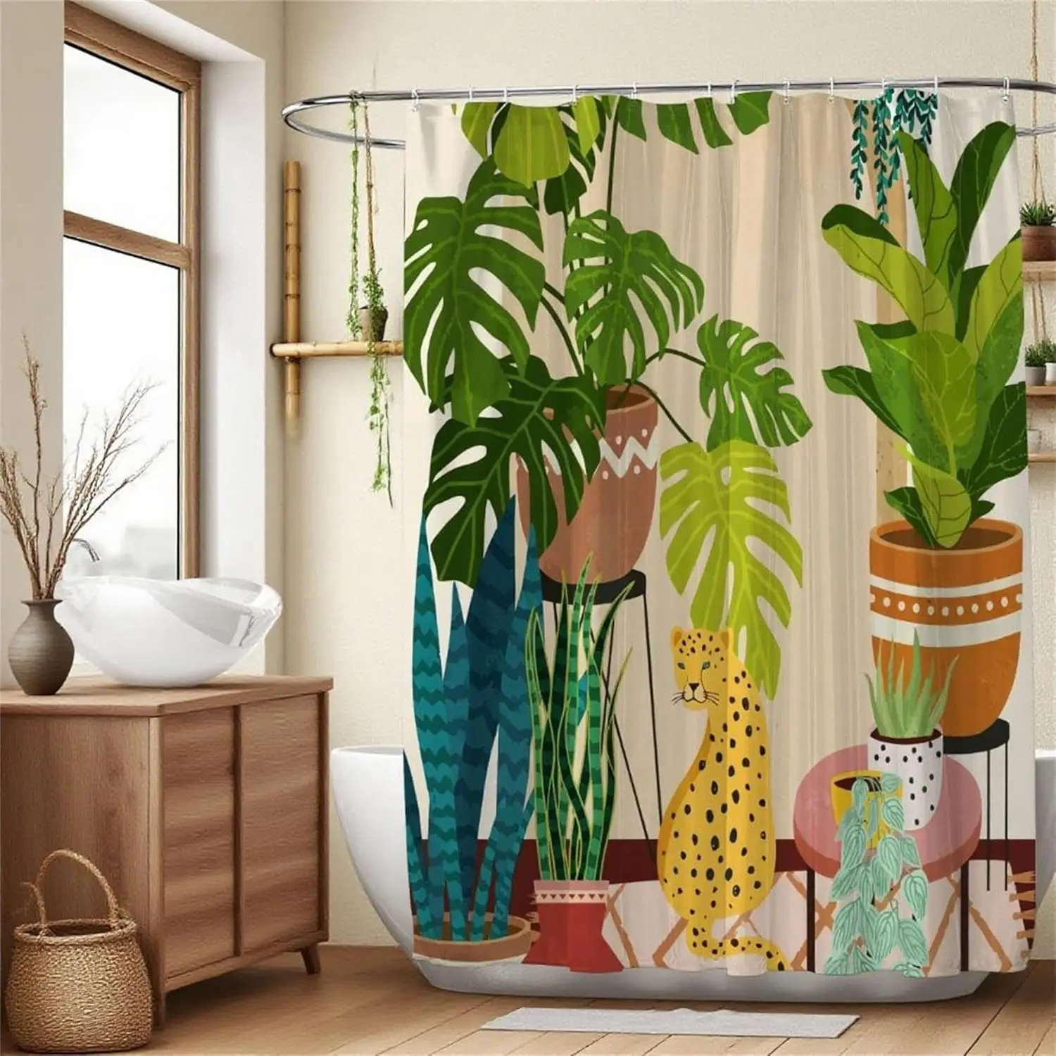 Tropical Plant and Leopard Cheetah Shower Curtains Jungle Theme Cheetah Print Shower Curtains for Bathroom,Funny Waterproof