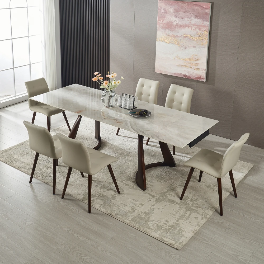 1+6 Retractable Imit Sintered Stone Table Exp63-94in Seats6 Heat&Scratch Walnut Base for Home Kitchen Living Room Table