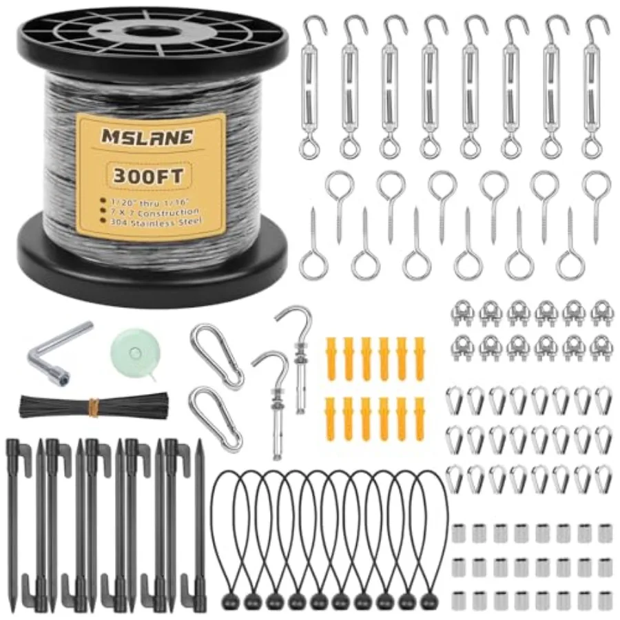 

Black Wire Rope Kit 300Feet 304 Stainless Steel Vinyl Coated with M5 Turnbuckles 7x7 Strand Core Aircraft Cable for String Ligh