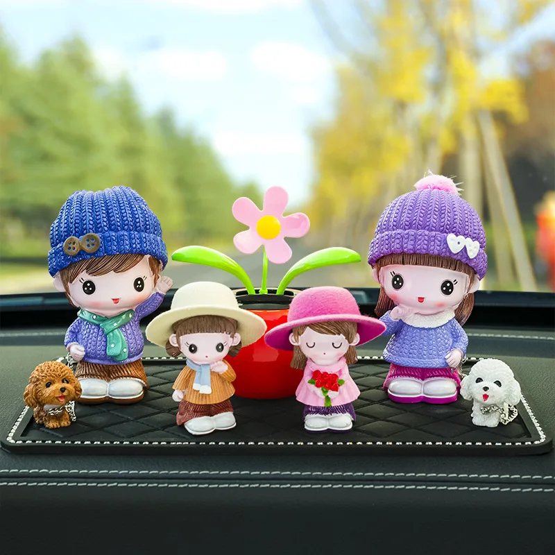 Car Interior Decoration Solar Sun Flower Funny Accessories Model Cartoon Family Walk The Dog Action Figure Auto Kawaii Ornaments