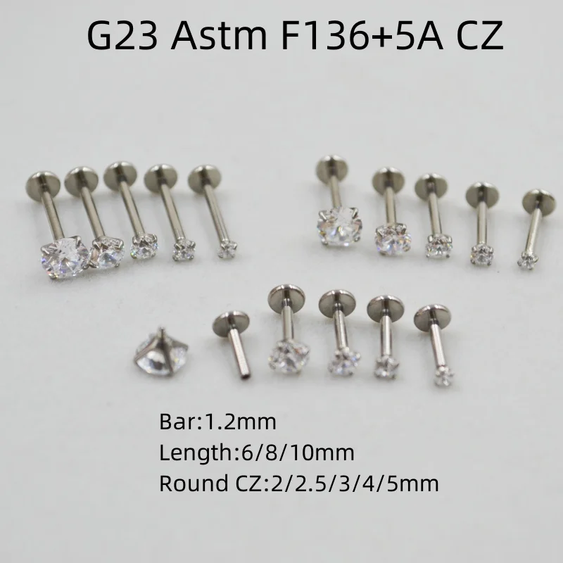 LOT50pcs 16G~1.2mm Body Jewelry Piercing -G23 Astm F136+5A Shine Round CZ  Lip Labret Ring Ear Helix Bar Lip Piercing Sliver