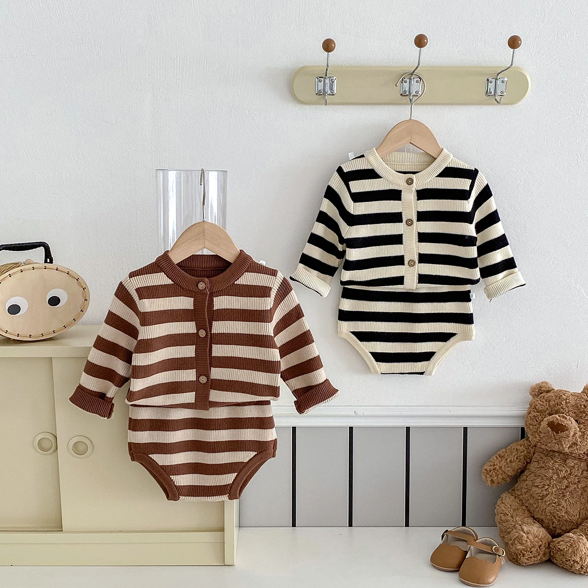 Baby clothes Korean Western style spring and autumn sets for outdoor wear, wide striped sweaters for infants and young children,