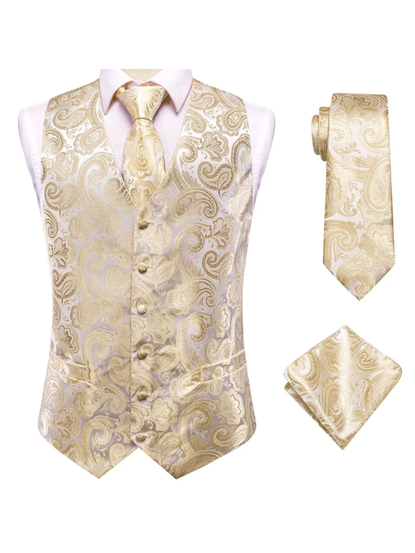 VERVEROW Gold Paisley Printed Waistcoat Tie Pocket Square Set for Wedding Party Elegant Luxury Men Formal Outfit 3PCS
