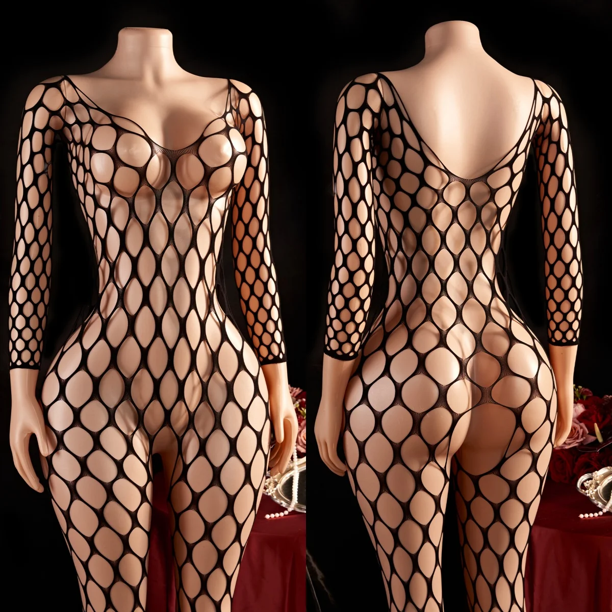 

Large-mesh Sexy Fishnet Stockings Bodysuits Transparent Open Crotch Bodystocking See Through Bare Chest Erotic Seductive Uniform