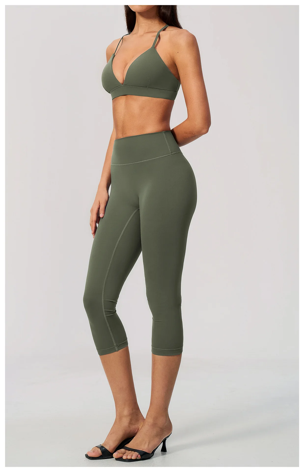 Women's V-Neck Sports Bra & Capri Leggings Set - Criss-Cross Back High Waist Butt Lifting Yoga Gym 2-Piece Suit, Multiple Colors