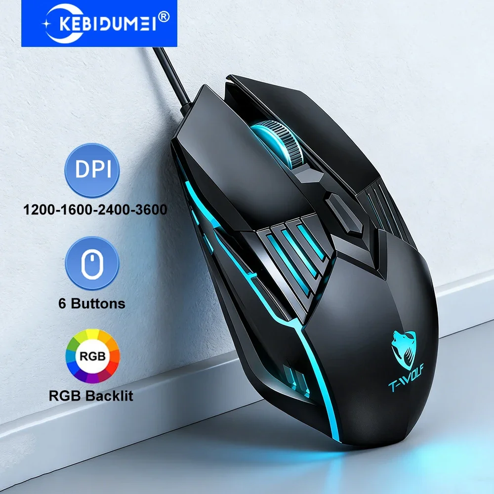 Mouse Gamer com Fio KEBIDUMEI RGB Retroiluminado 3600 DPI 4 Níveis 6 Botões Ergonômico USB para PC Windows Mac Laptop