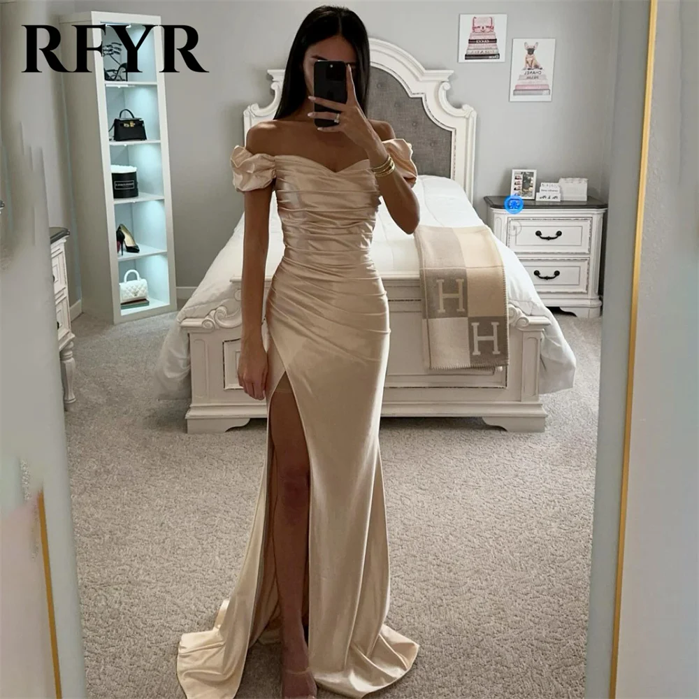 

RFYR Champagne Prom Dress Sweetheart Trumpet Evening Dress Off Shoulder Party Dress with Pleats Satin Side Split Robe De Soirée