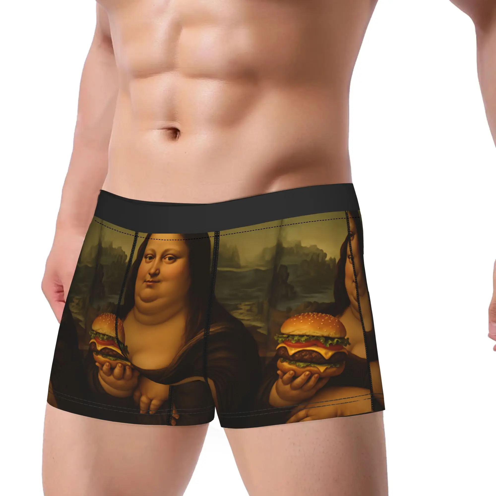 Funny Mona Lisa Holding A Hamburger Underwear  Comfortable Panties Custom Boxer Brief For Men 3D Pouch Plus Size Boxer Shorts