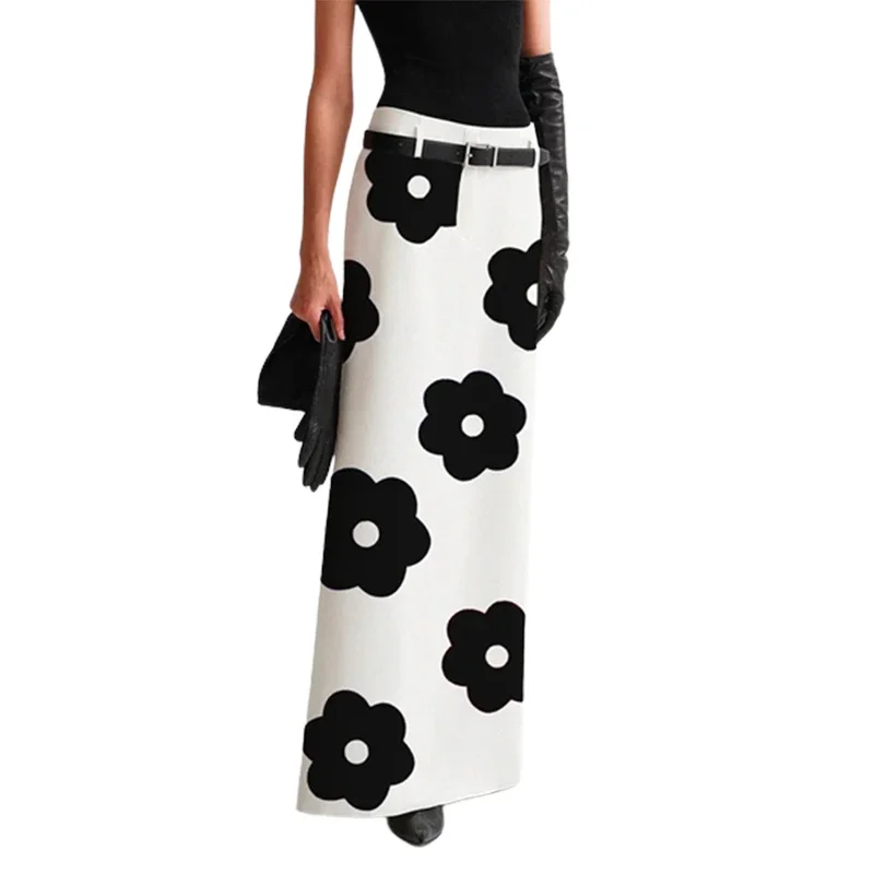 UOOZEE Women British Style Floral Printed Split-Back Elegant Skirts 2024 New Spring Summer Fashion H-Line Straight Skirt