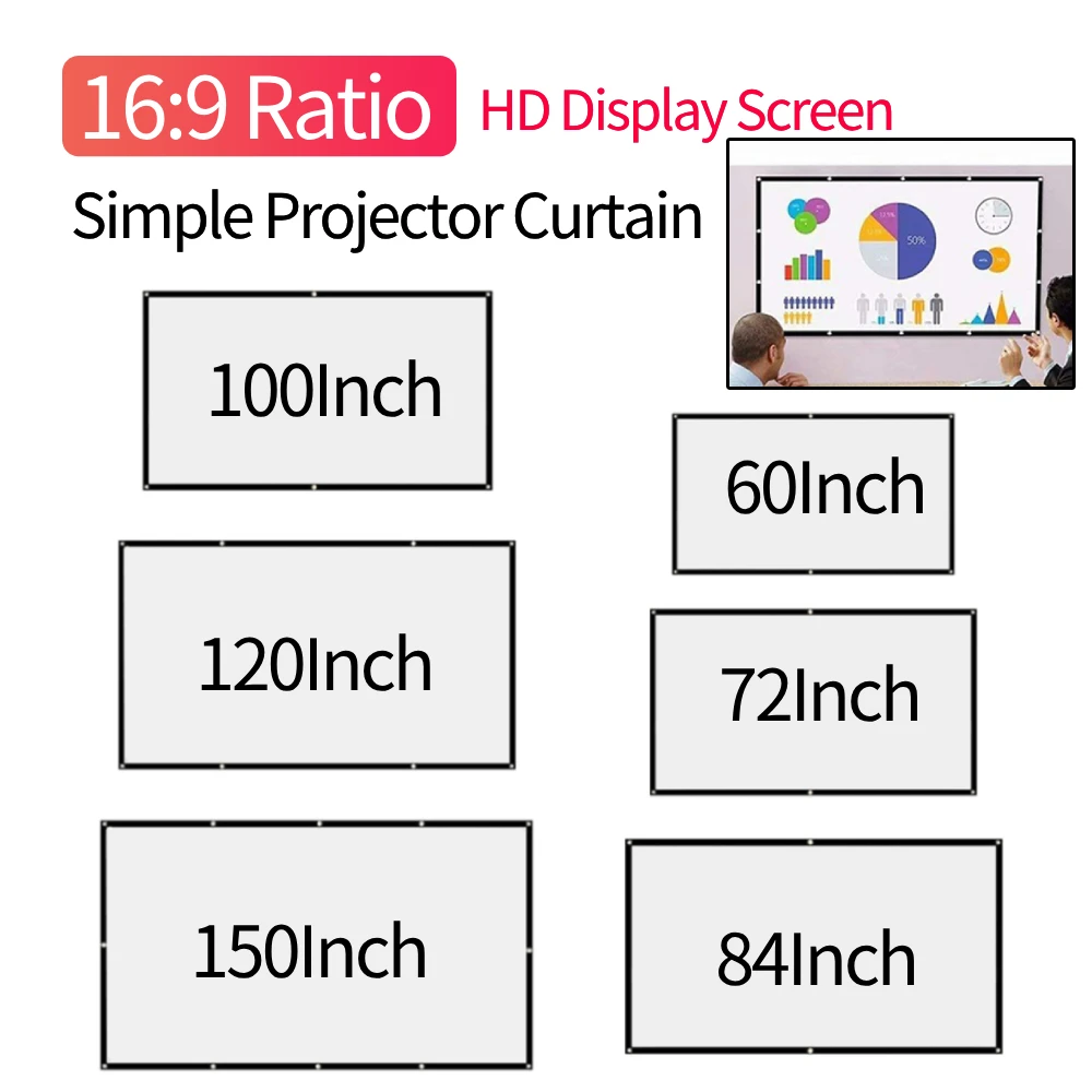 1/2Pcs 16:9 Simple Projector Curtain Set 60/72/84/100/120/150 inch HD Display Screen Portable Household Bedroom Decoration