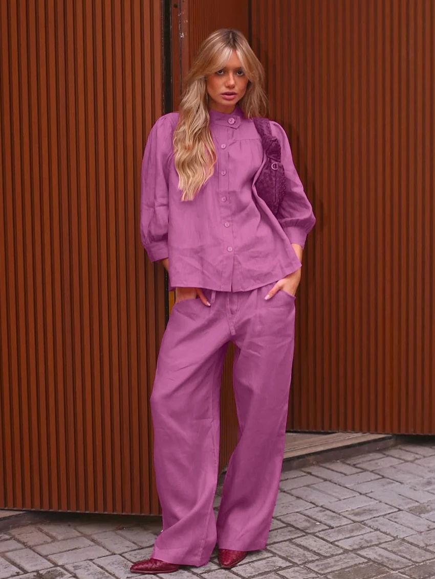 

Marthaqiqi Casual Ladies Sleepwear 2 Piece Set Long Sleeve Pajamas Turn-Down Collar Nightgowns Pants Loose Female Nightwear Suit